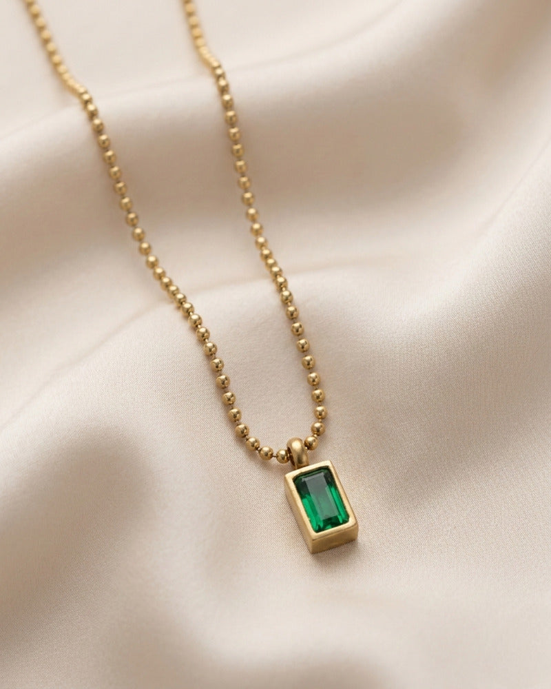 Emerald Baguette Beaded Gold Plated Necklace