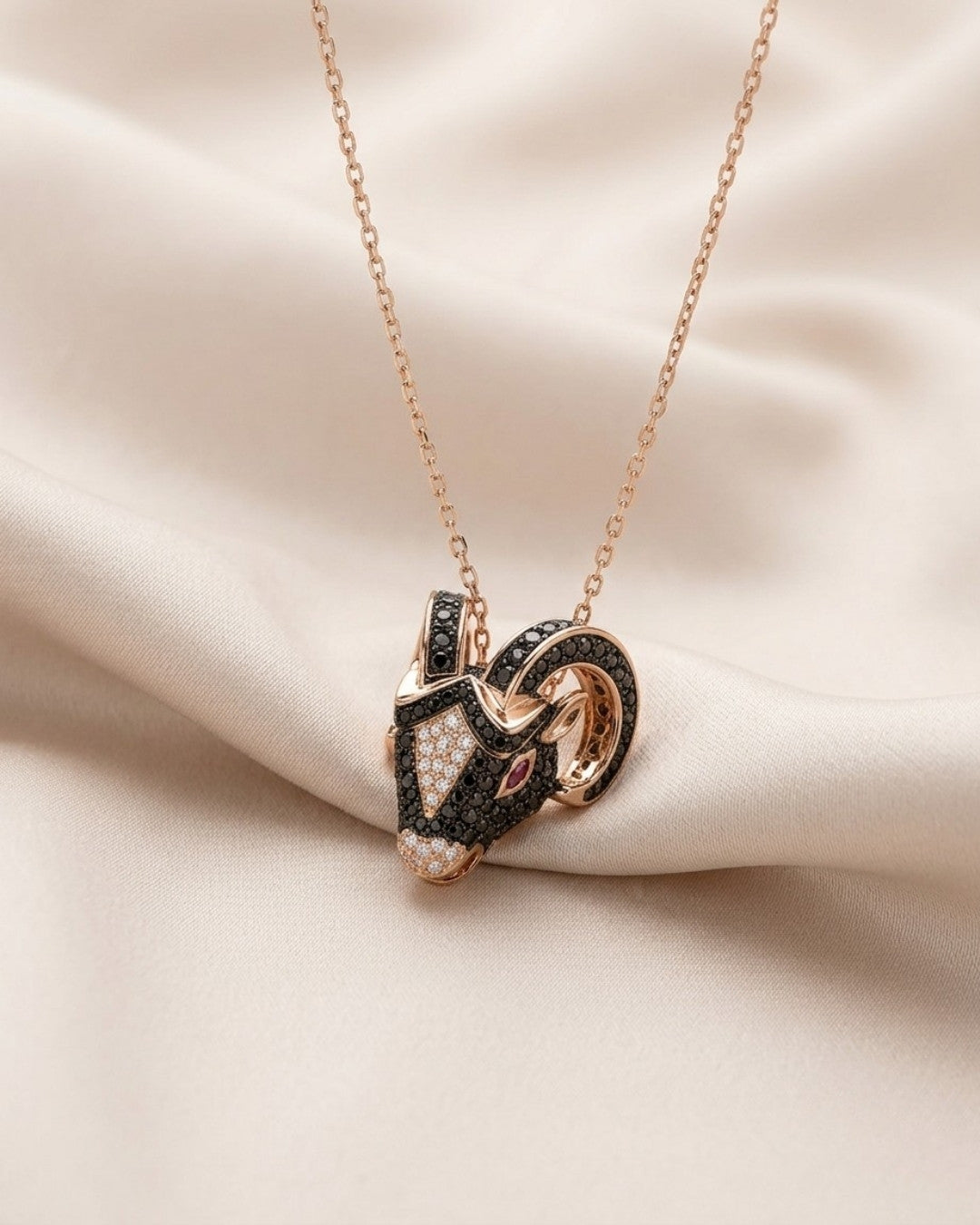Bold Black Ram Head Rose Gold Silver 925 Necklace