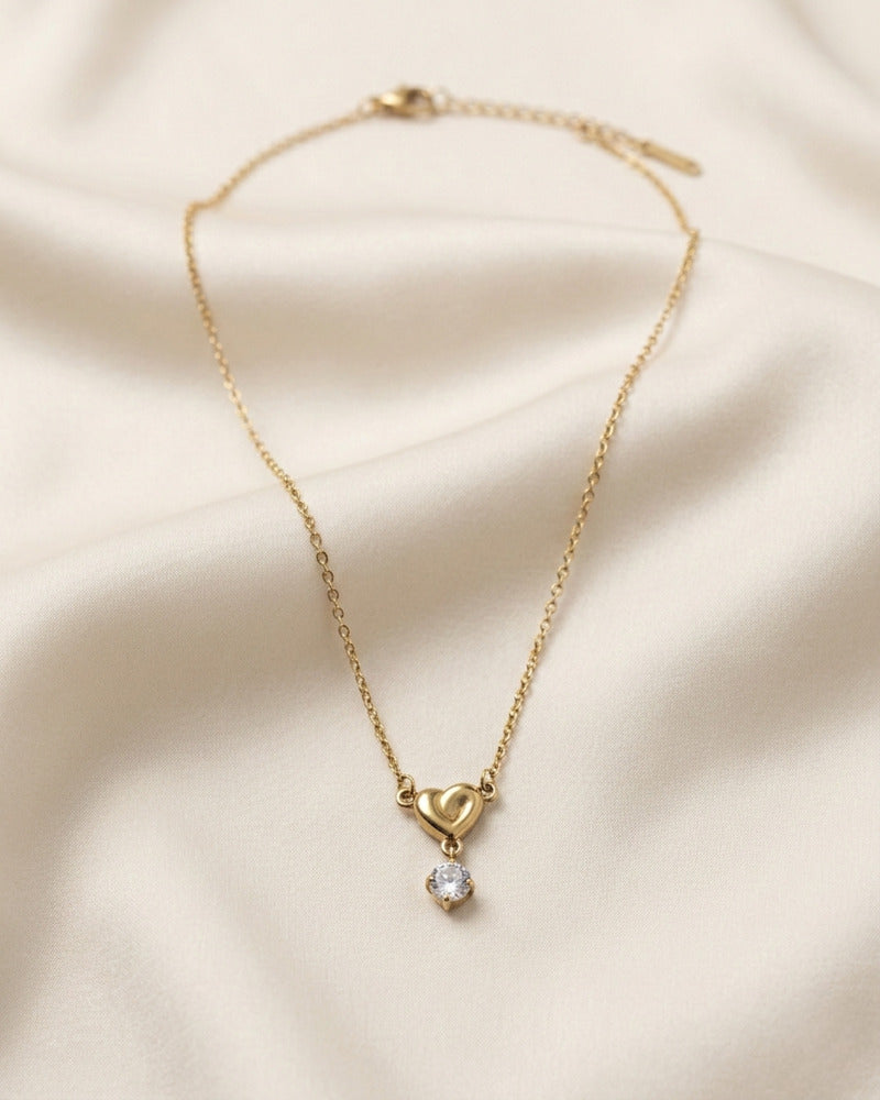 Puffy Heart & Crystal Drop Necklace