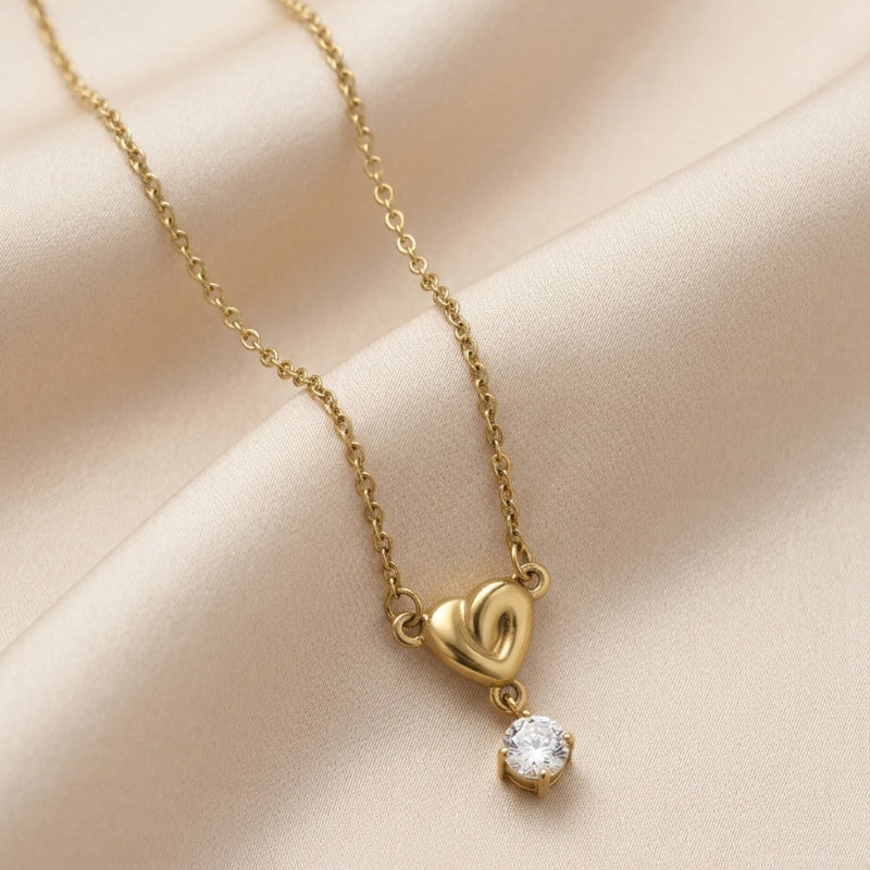 Puffy Heart & Crystal Drop Necklace