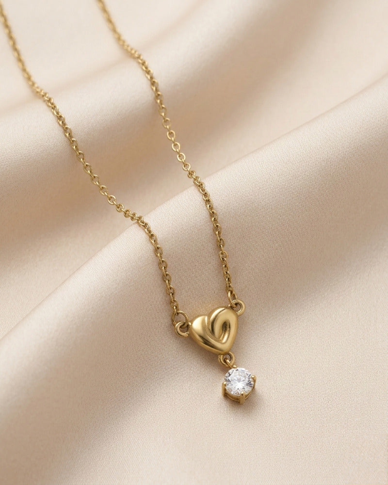 Puffy Heart & Crystal Drop Necklace