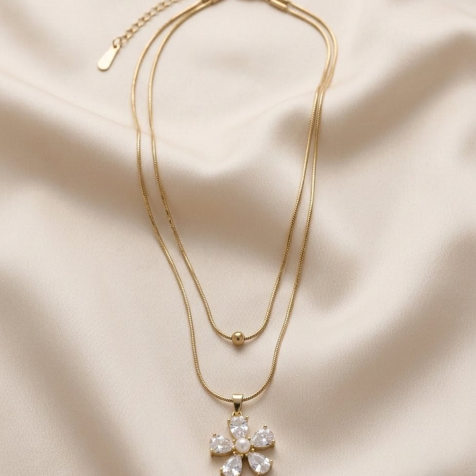 Pearl Daisy Layer Gold Plated Necklace