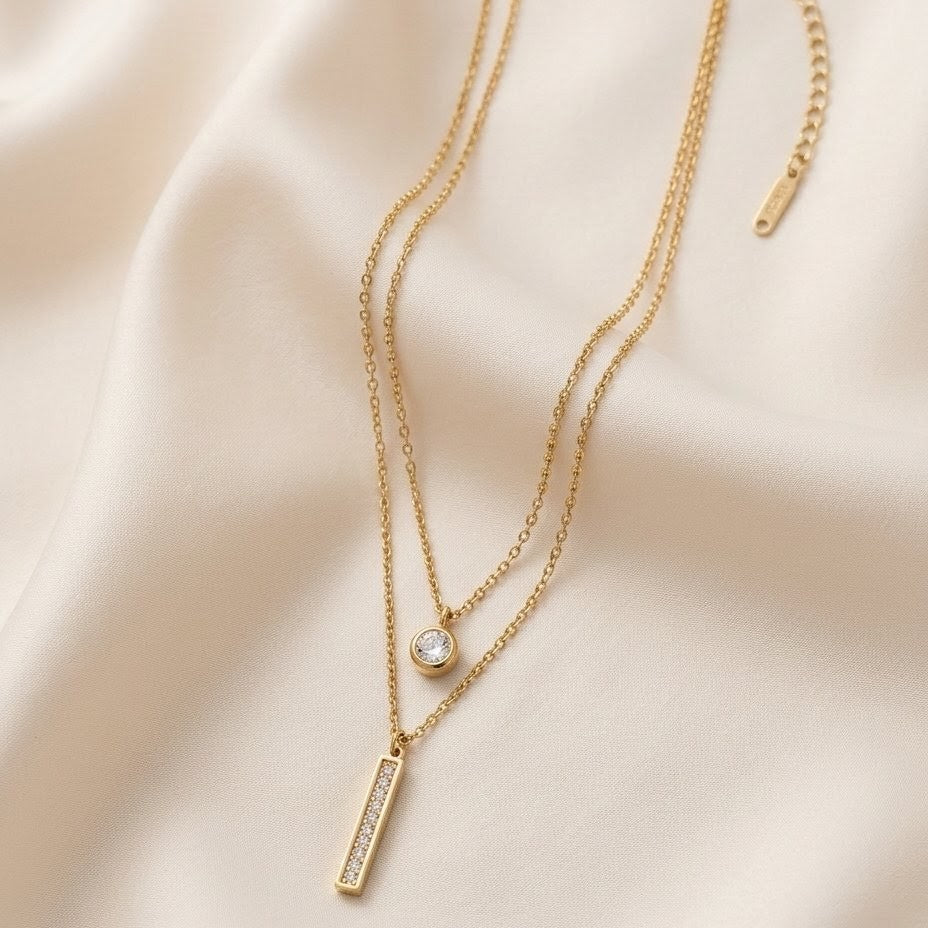 Dual Layer Solitaire and Bar Gold Plated Necklace