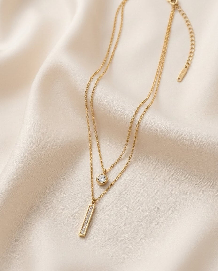 Dual Layer Solitaire and Bar Gold Plated Necklace