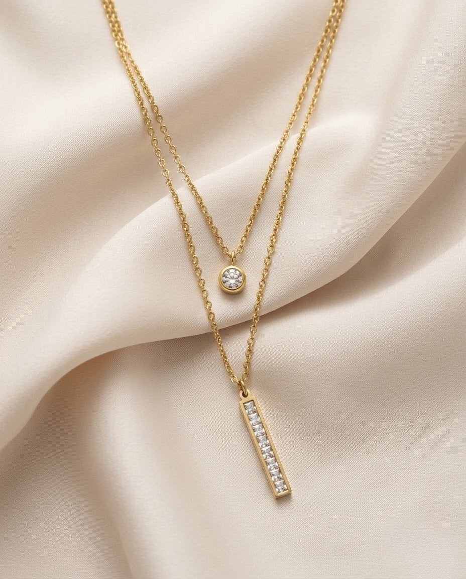 Dual Layer Solitaire and Bar Gold Plated Necklace