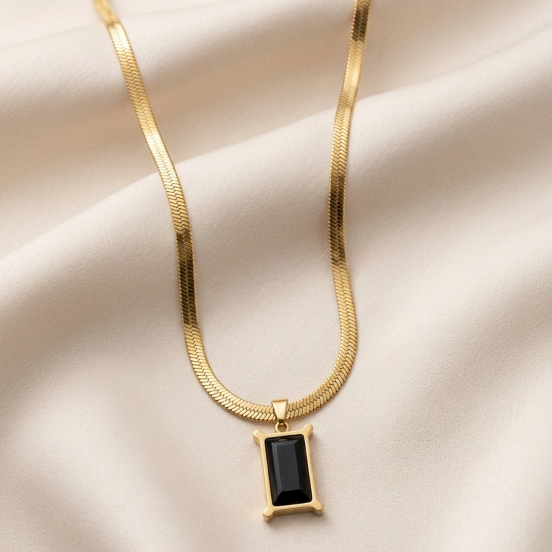 Black Onyx Herringbone Chain Necklace