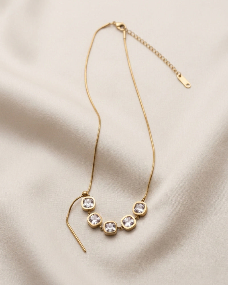 Five Cushion Crystal Bezel Snake Chain Necklace