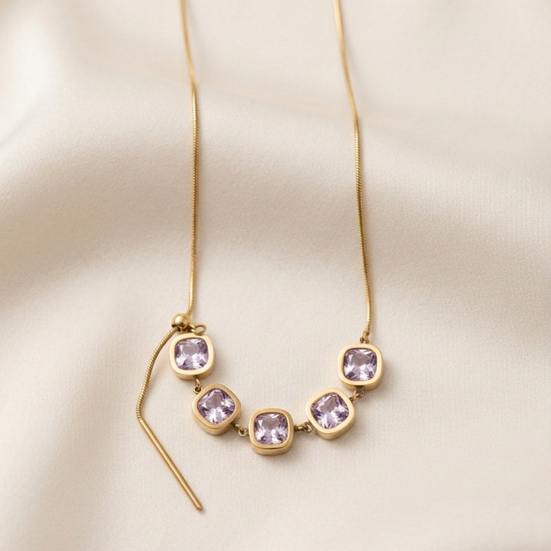 Five Cushion Crystal Bezel Snake Chain Necklace