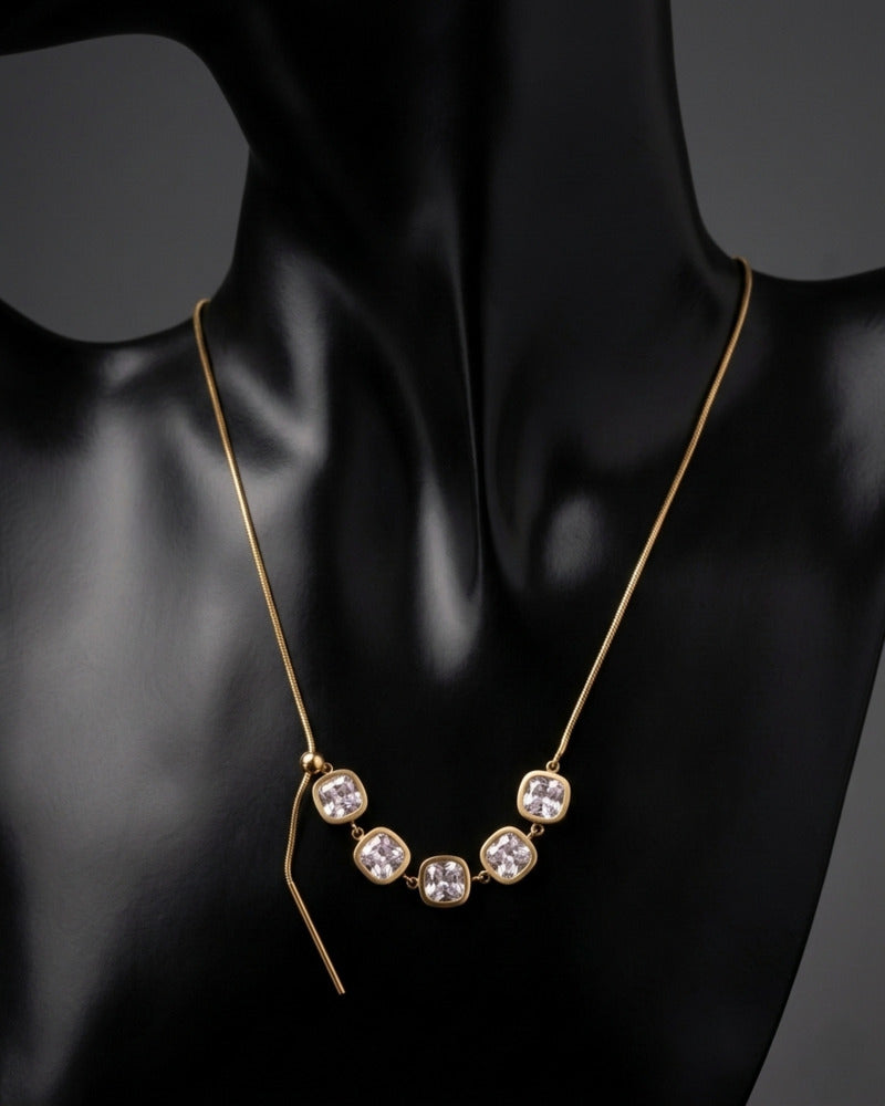 Five Cushion Crystal Bezel Snake Chain Necklace