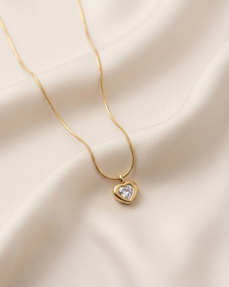 Crystal Heart Bezel Snake Chain Necklace
