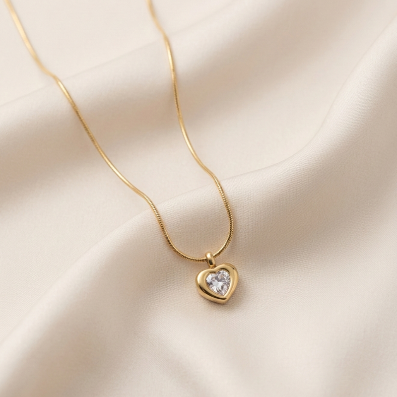 Crystal Heart Bezel Snake Chain Necklace