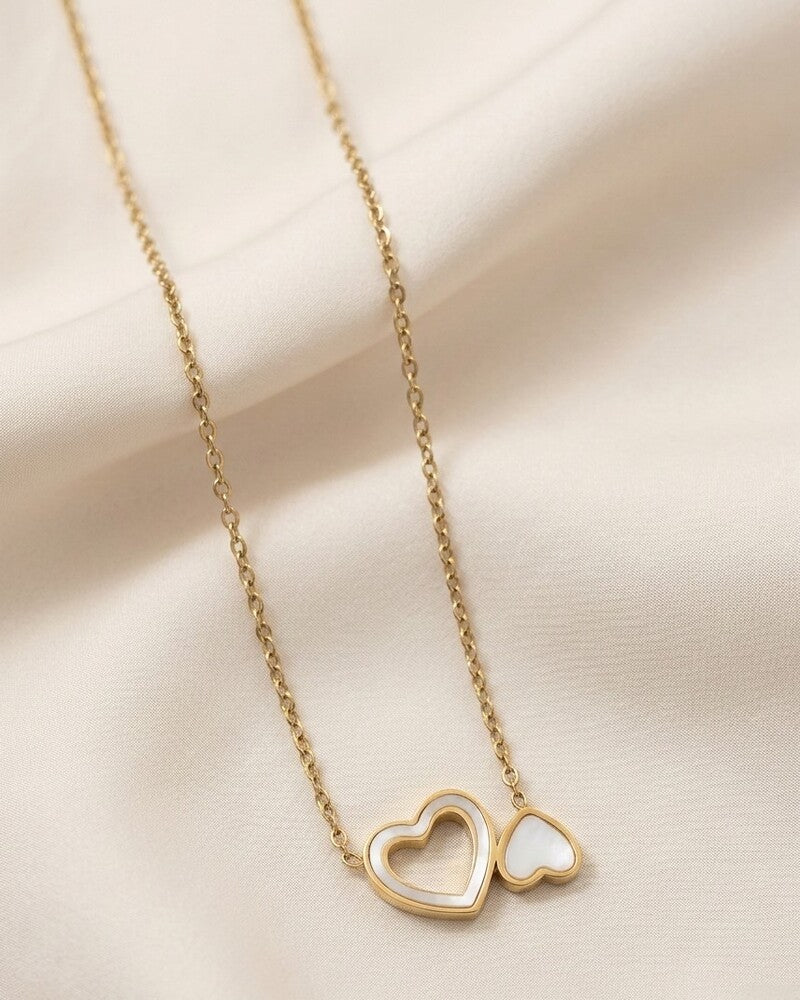 Double Heart Mother Of Pearl Necklace