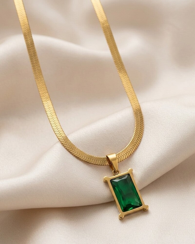 Emerald Baguette Herringbone Necklace