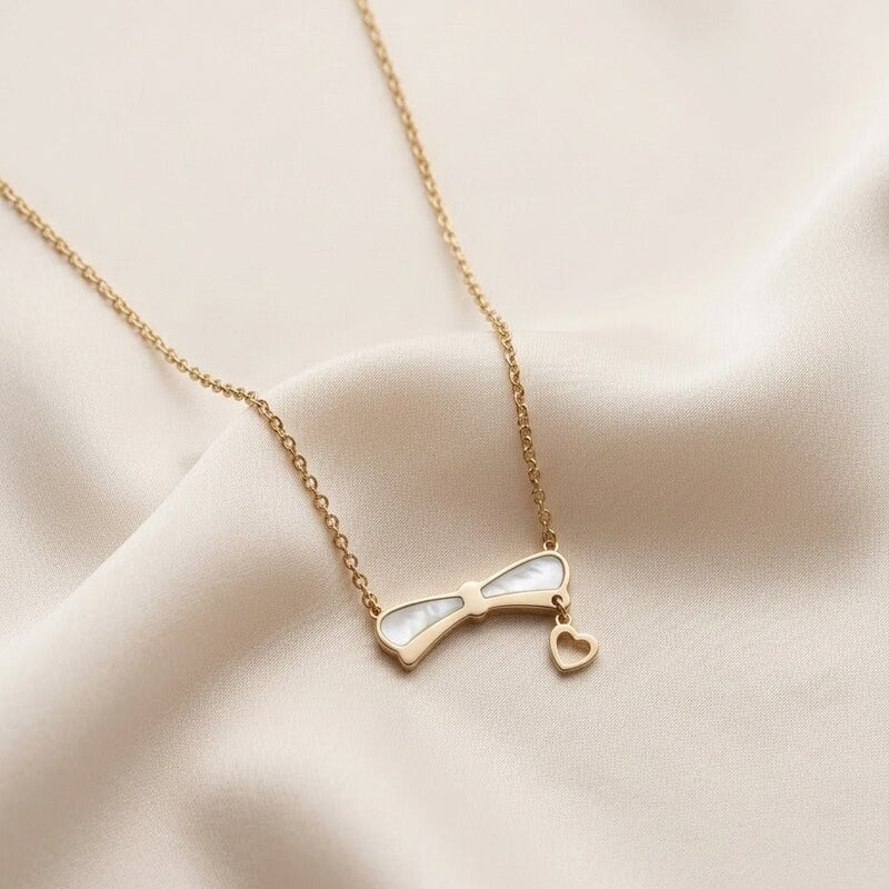 Mother Of Pearl Bow & Heart Charm Necklace