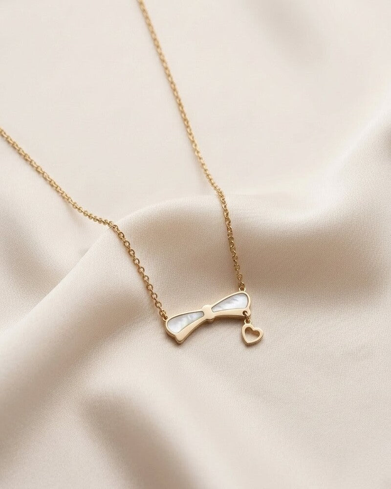 Mother Of Pearl Bow & Heart Charm Necklace