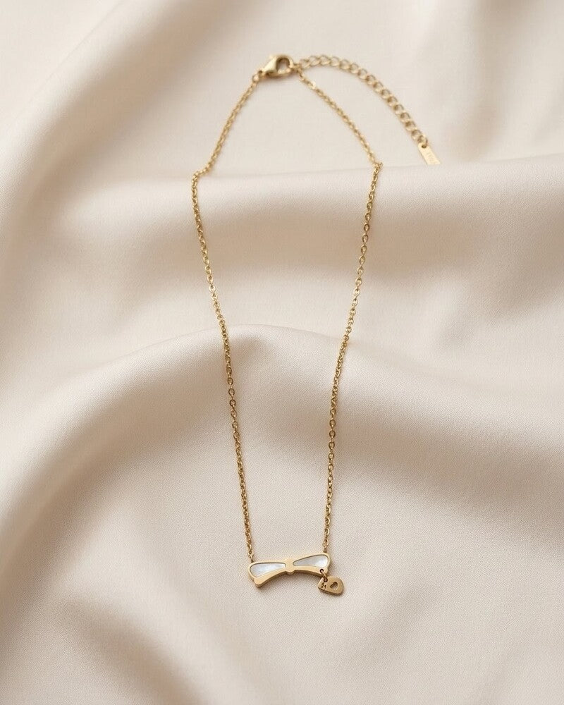 Mother Of Pearl Bow & Heart Charm Necklace
