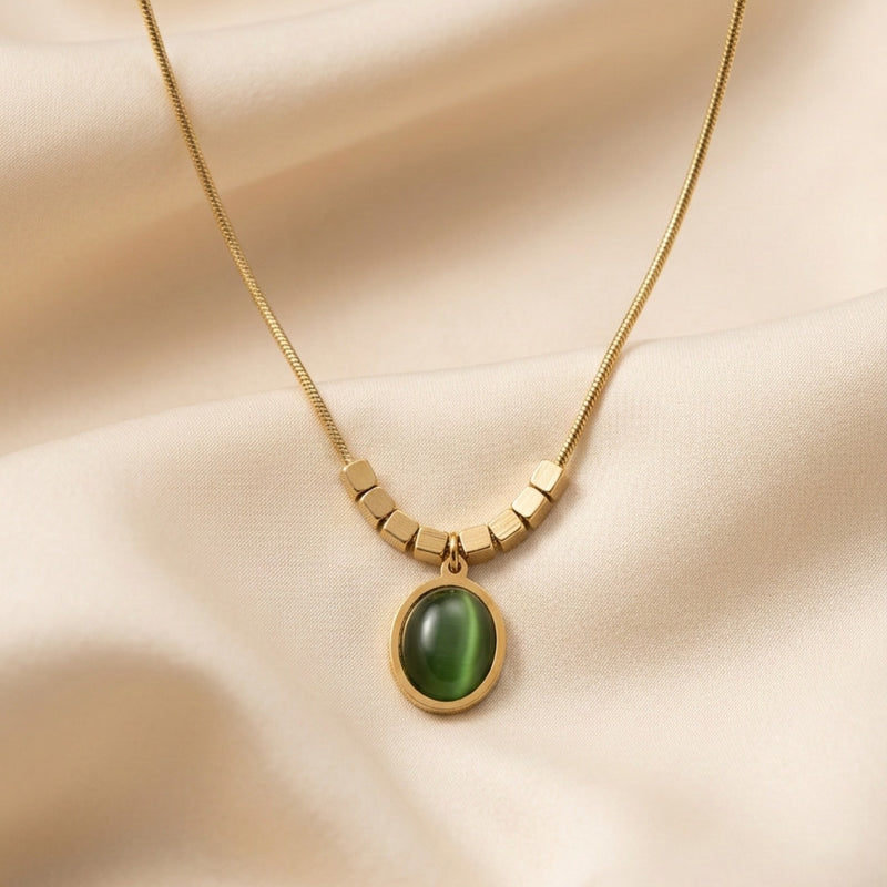 Green Cats Eye Oval Pendant Necklace