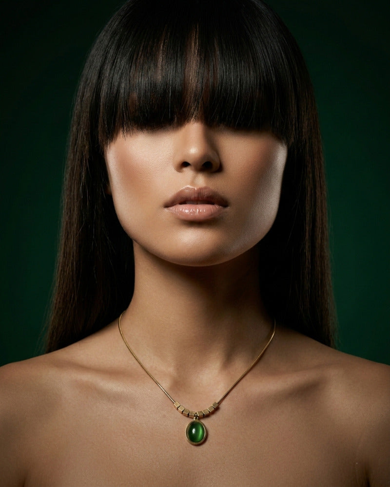 Green Cats Eye Oval Pendant Necklace