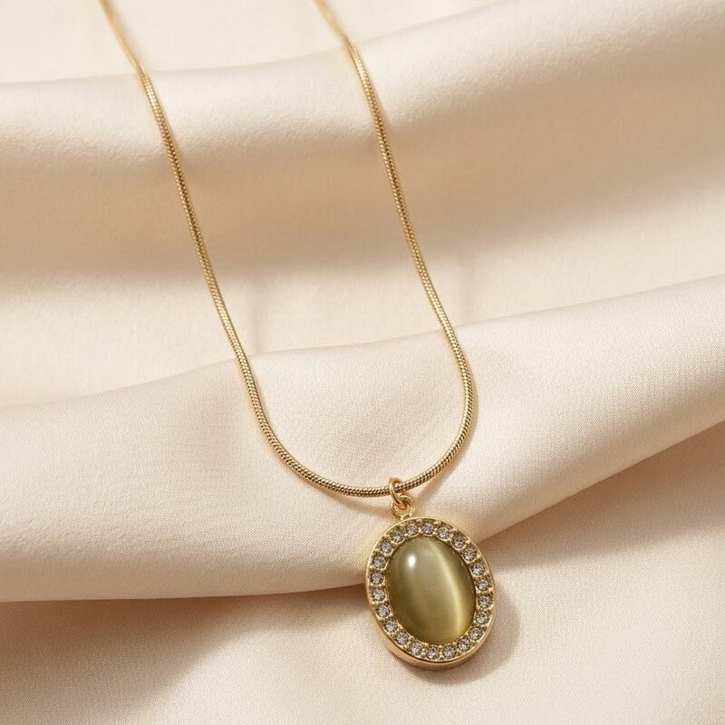 Cats Eye Oval Halo Pendant Necklace