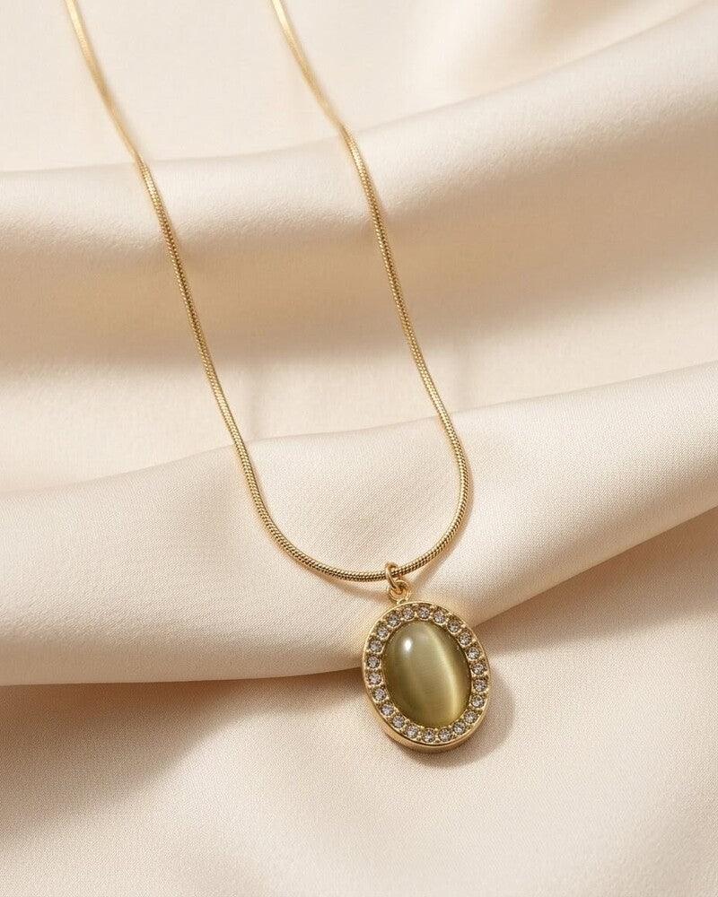 Cats Eye Oval Halo Pendant Necklace