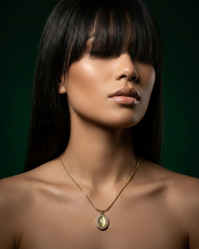Cats Eye Oval Halo Pendant Necklace