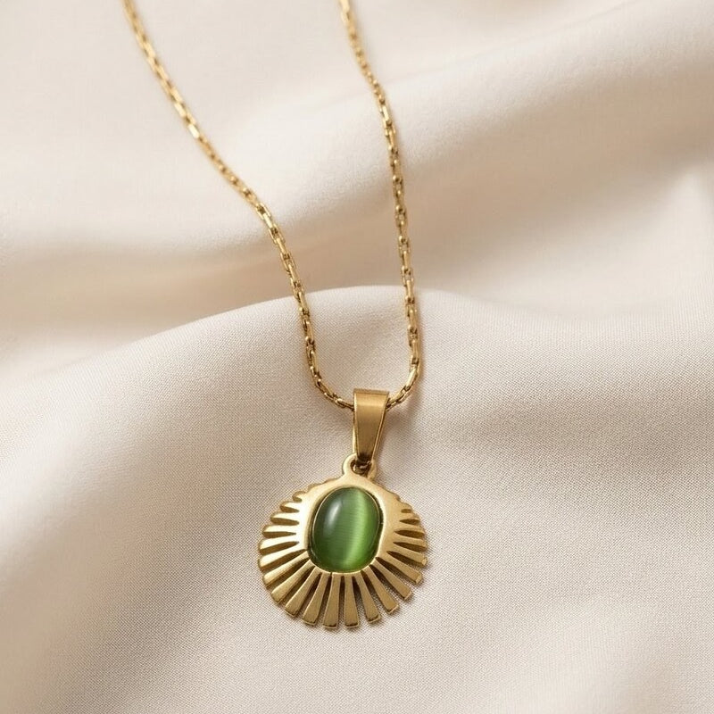 Green Tiger Eye Sunburst Rope Chain Necklace