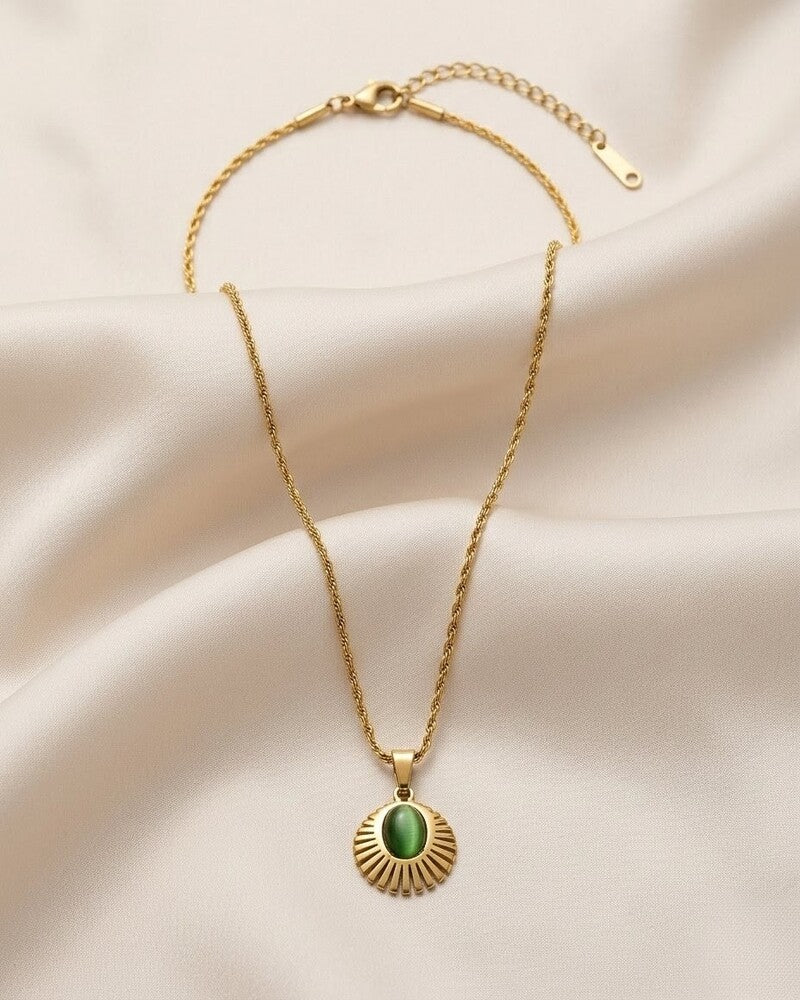 Green Tiger Eye Sunburst Rope Chain Necklace