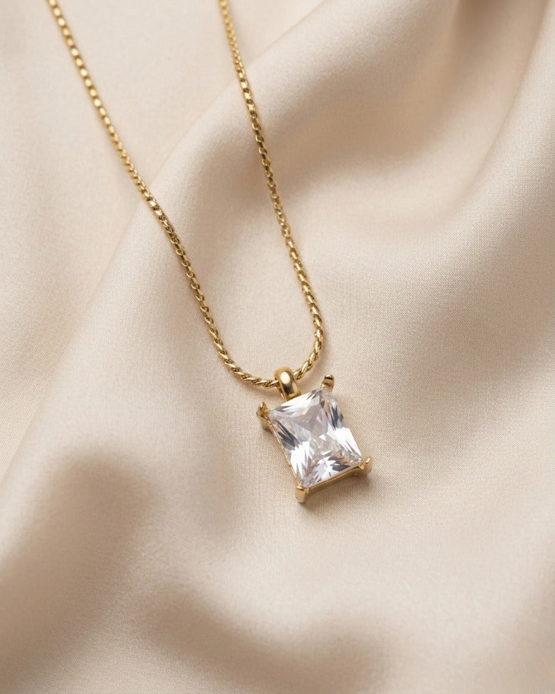 Crystal Square Solitaire Box Chain Necklace
