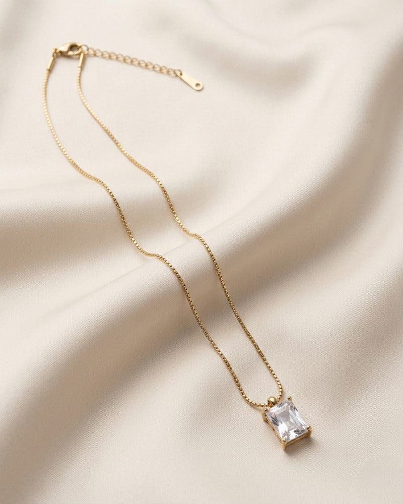 Crystal Square Solitaire Box Chain Necklace