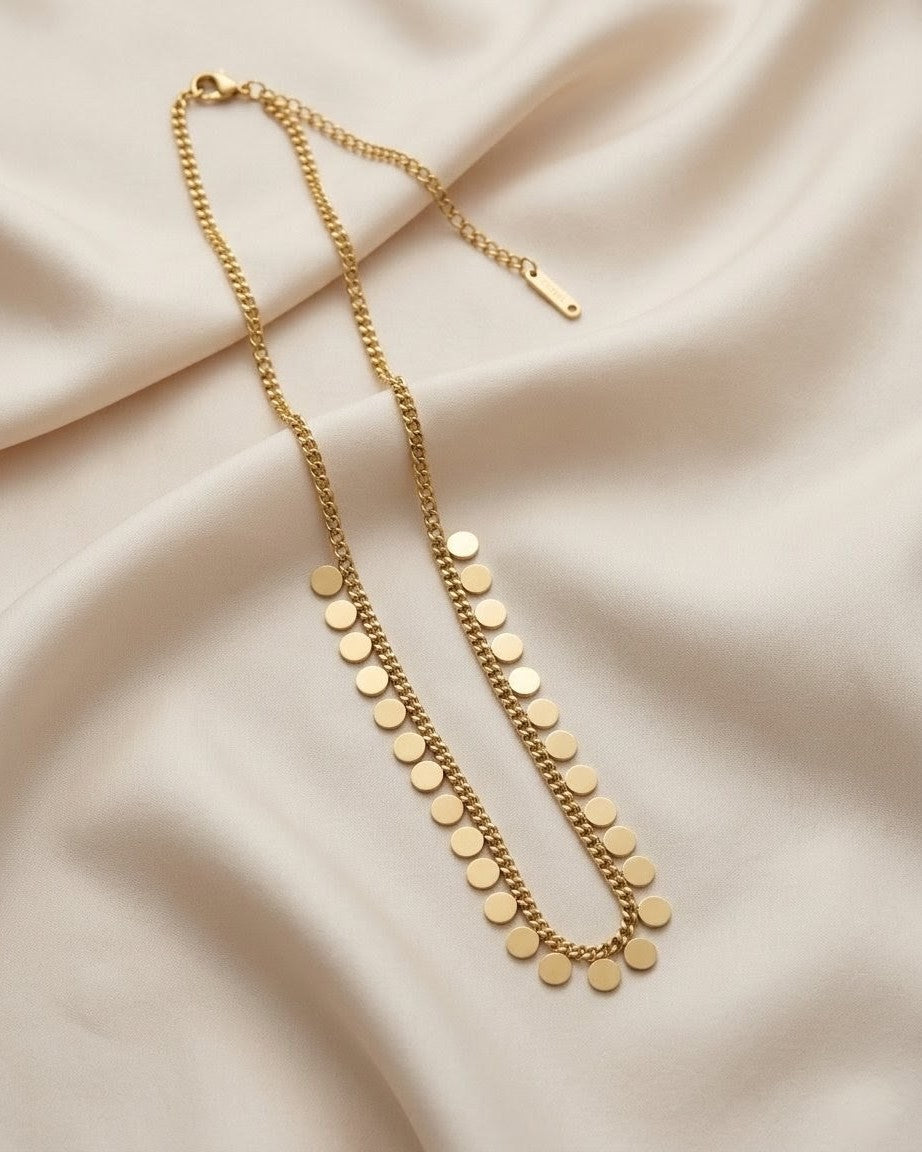 Gold Disc Fringe Curb Chain Necklace