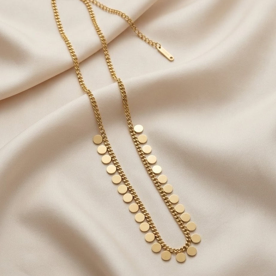 Gold Disc Fringe Curb Chain Necklace