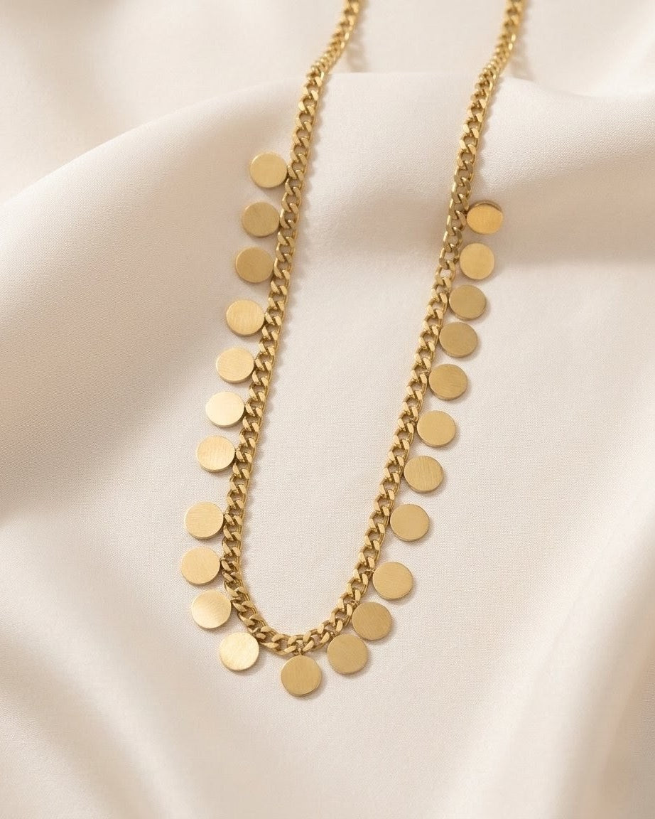 Gold Disc Fringe Curb Chain Necklace