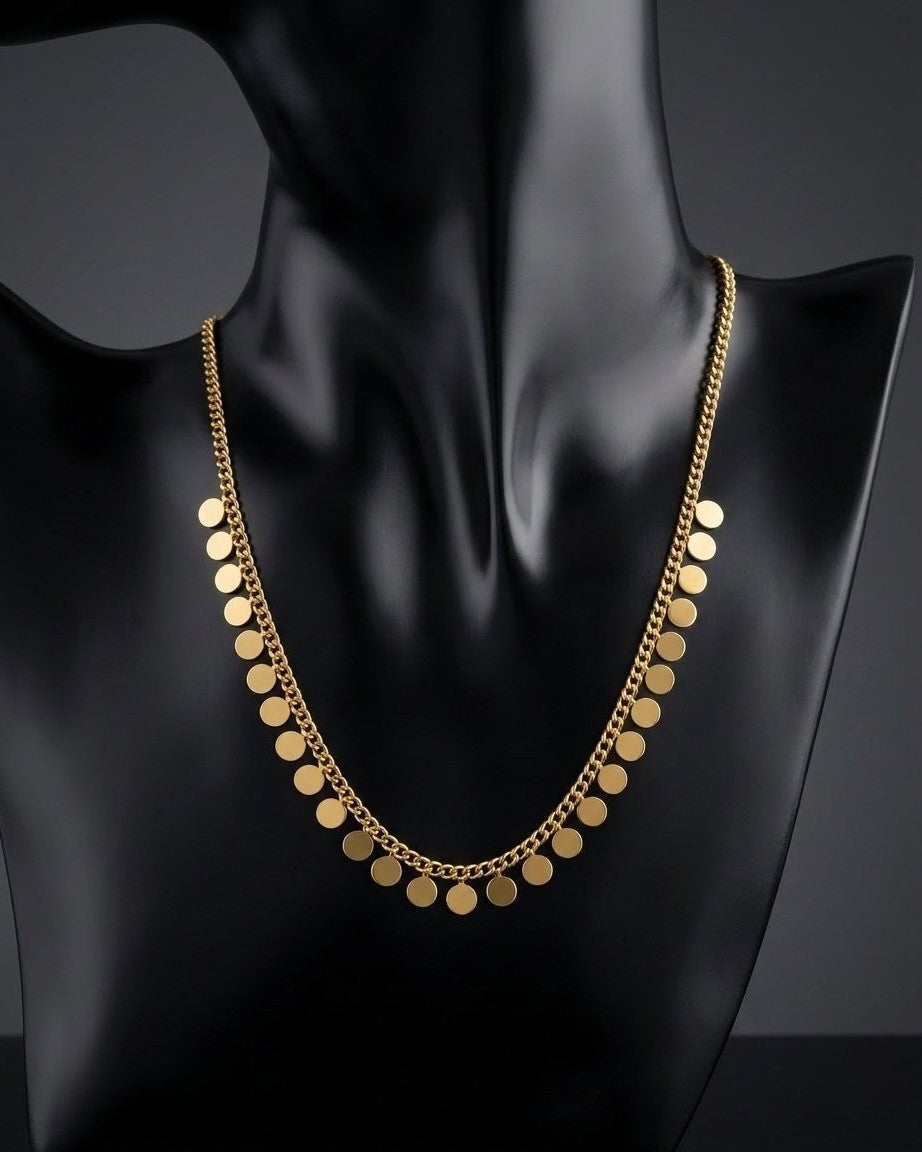Gold Disc Fringe Curb Chain Necklace
