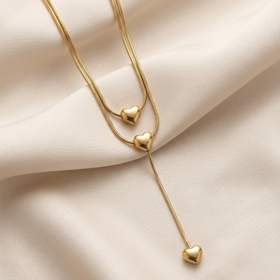 Dual Layer Sweetheart Y-Drop Gold Plated Necklace