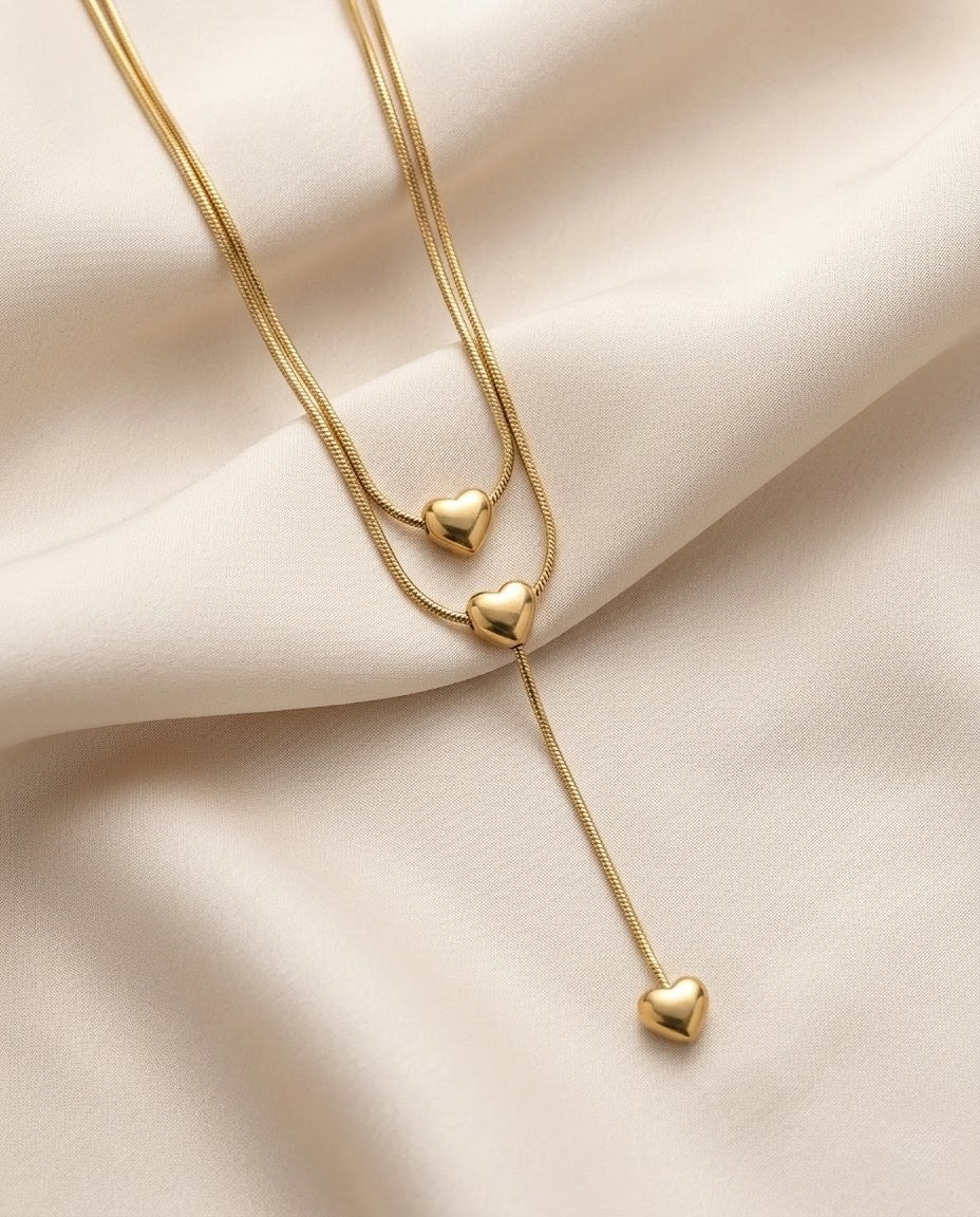 Dual Layer Sweetheart Y-Drop Gold Plated Necklace