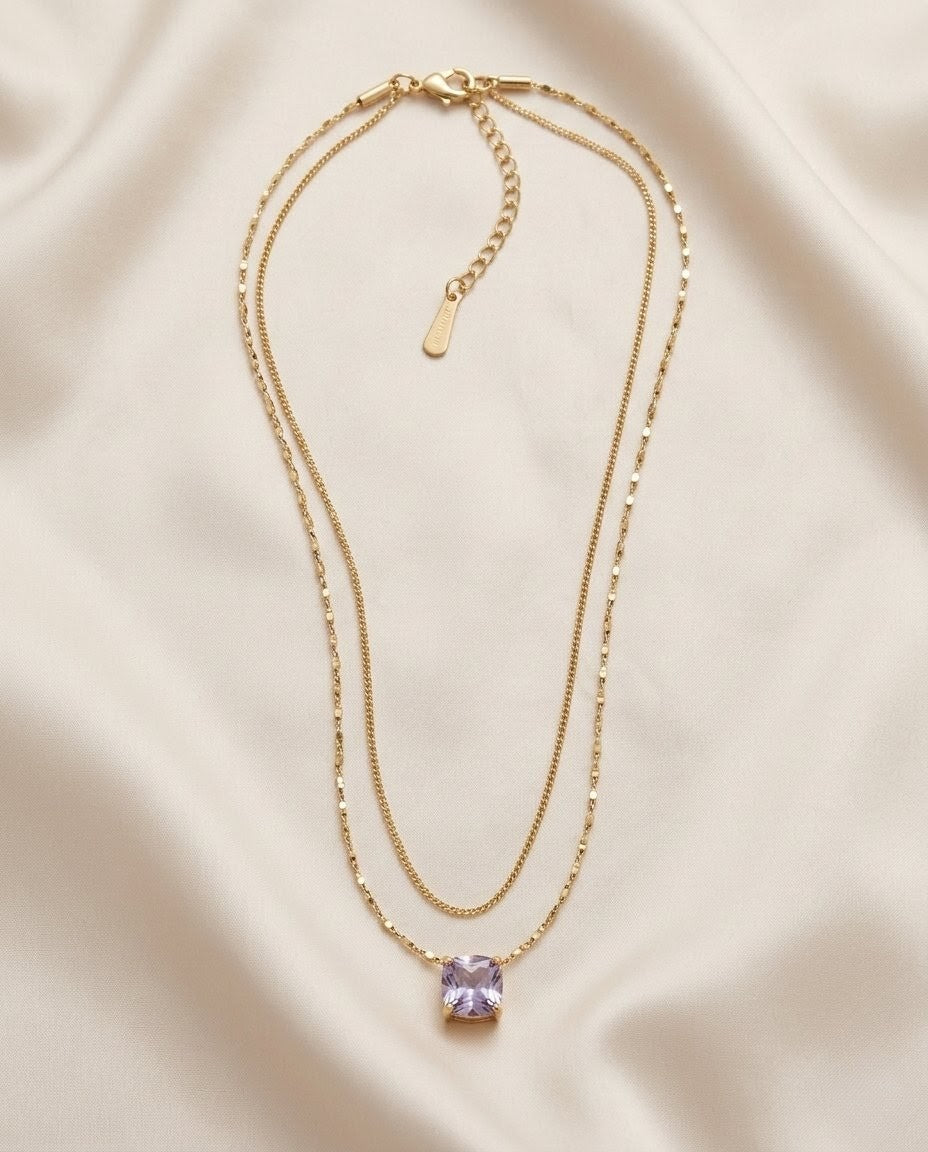 Dual Layer Amethyst Solitaire Gold Plated Necklace