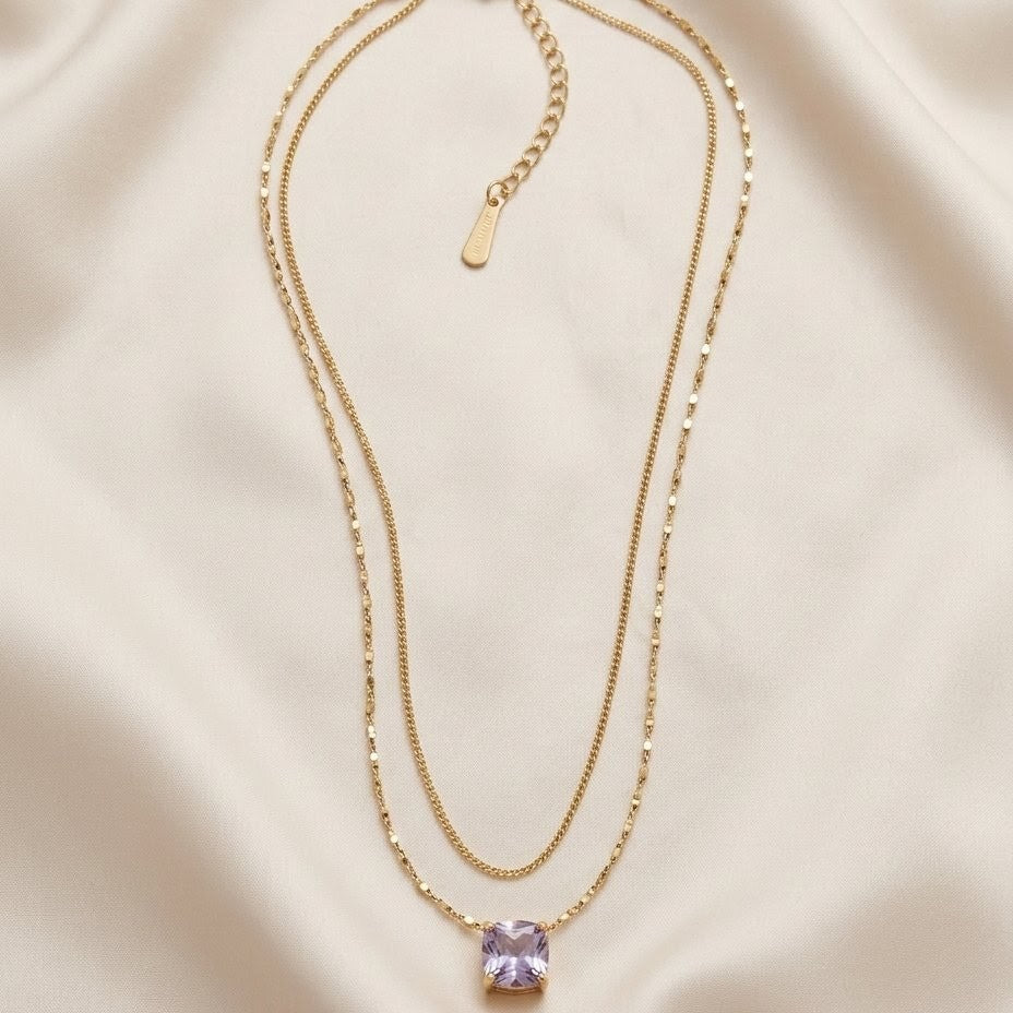 Dual Layer Amethyst Solitaire Gold Plated Necklace