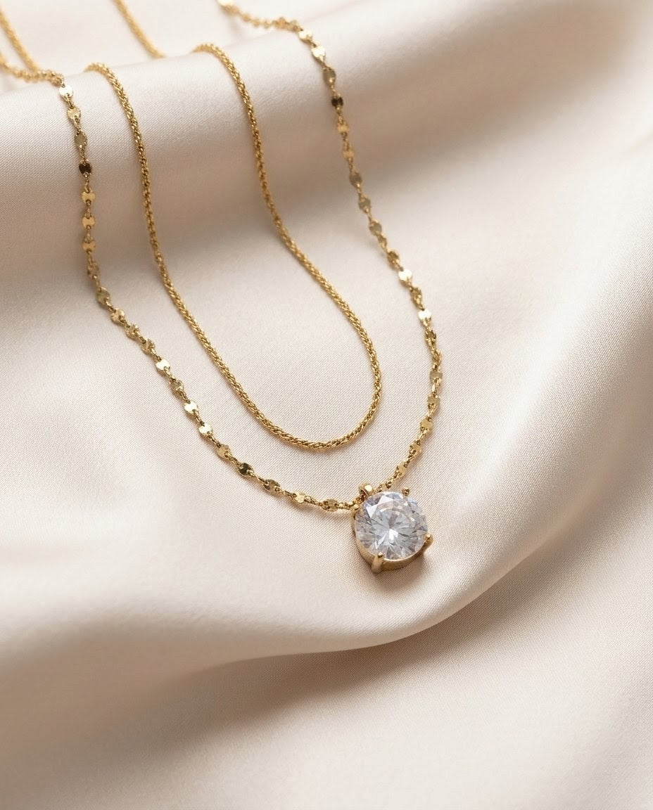 Dual Layer Amethyst Solitaire Gold Plated Necklace