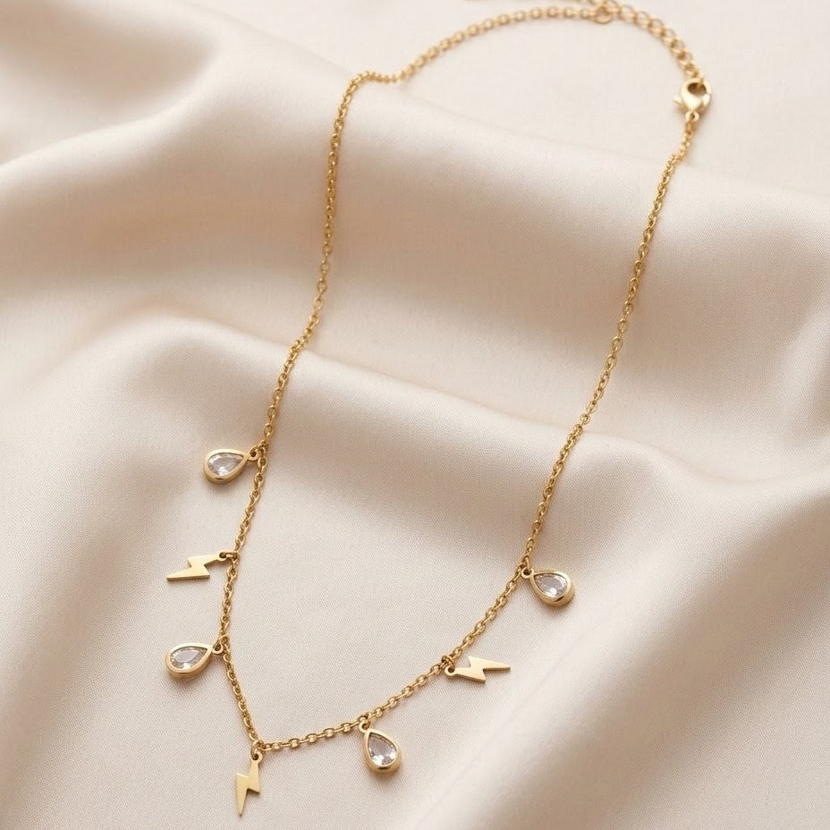 Lightning and Teardrop Crystal Gold Plated Necklace