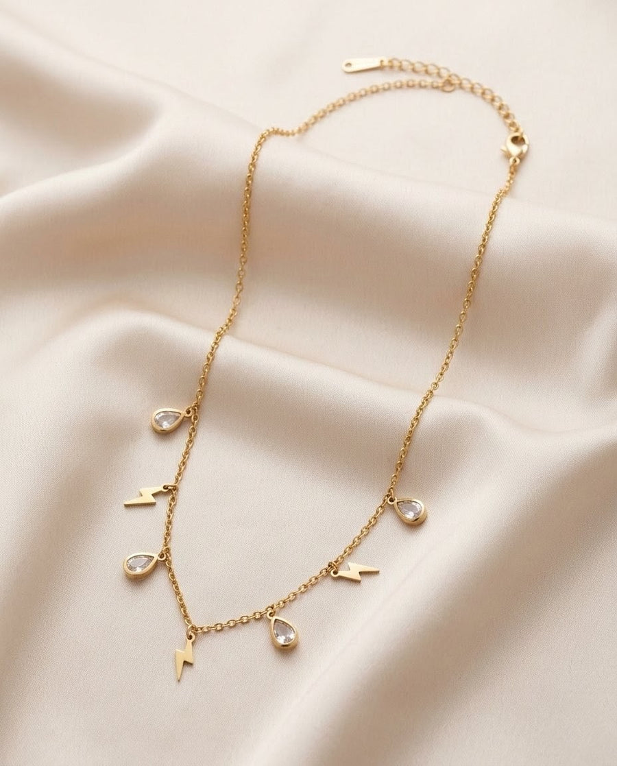 Lightning and Teardrop Crystal Gold Plated Necklace
