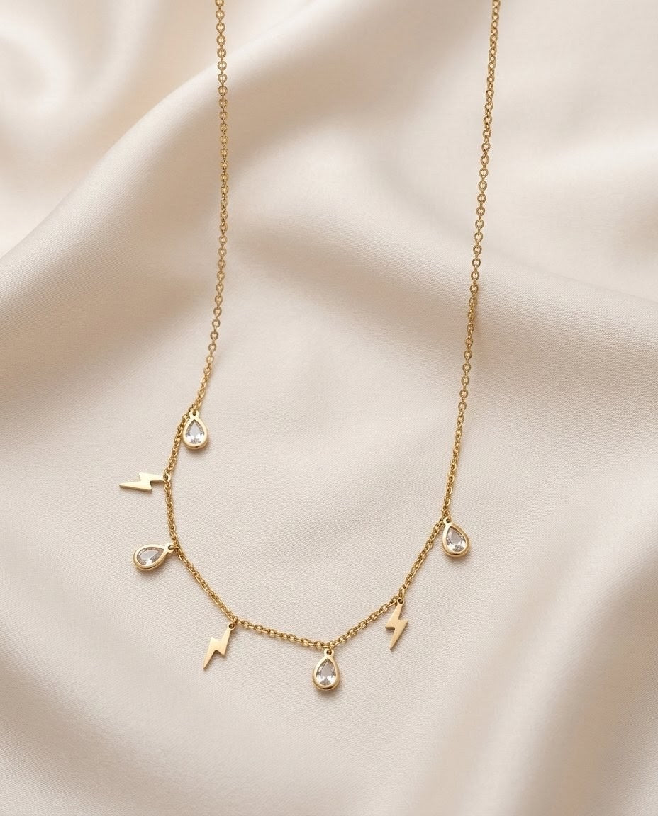 Lightning and Teardrop Crystal Gold Plated Necklace