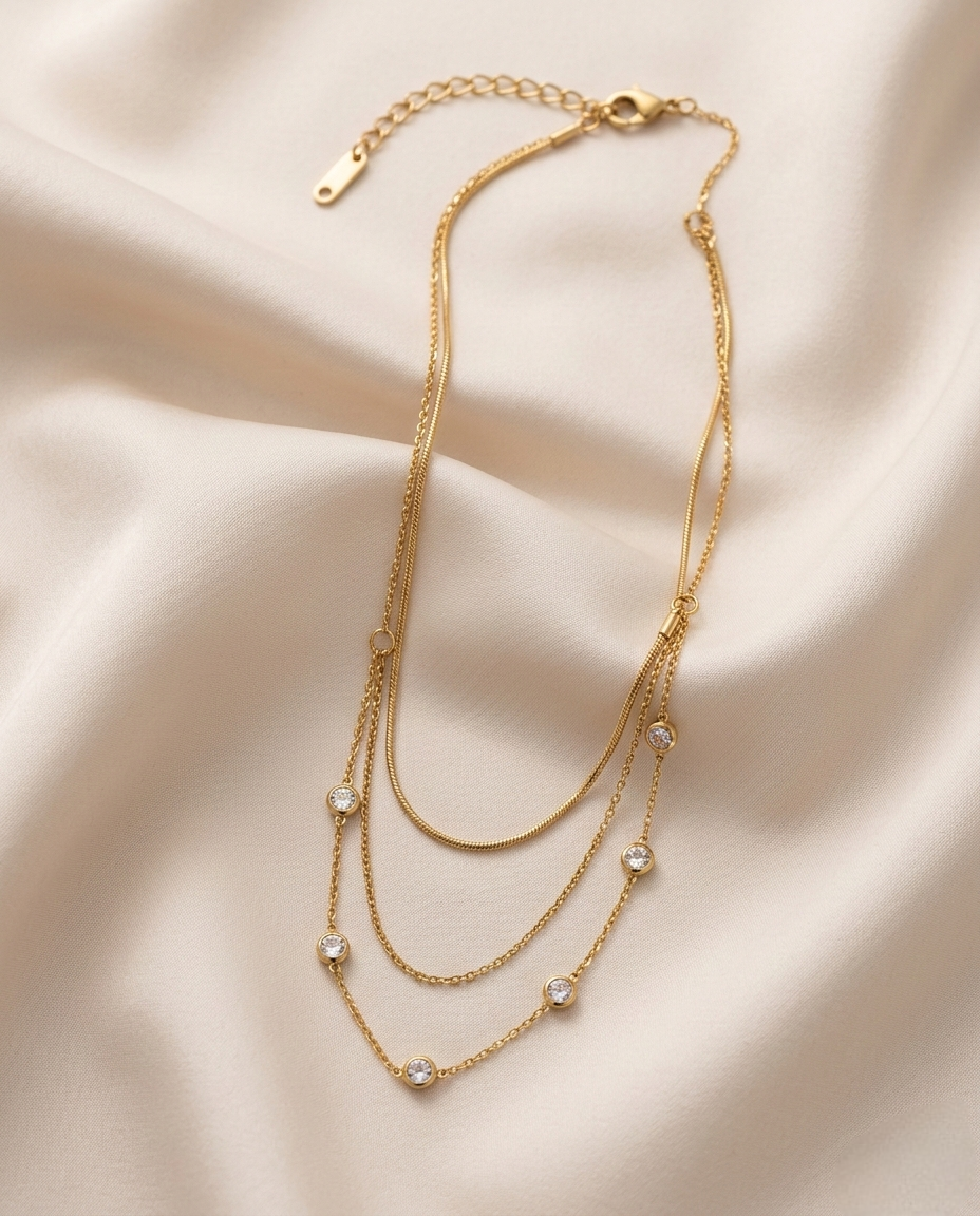 Triple Layer Solitaire Crystal Gold Plated Necklace
