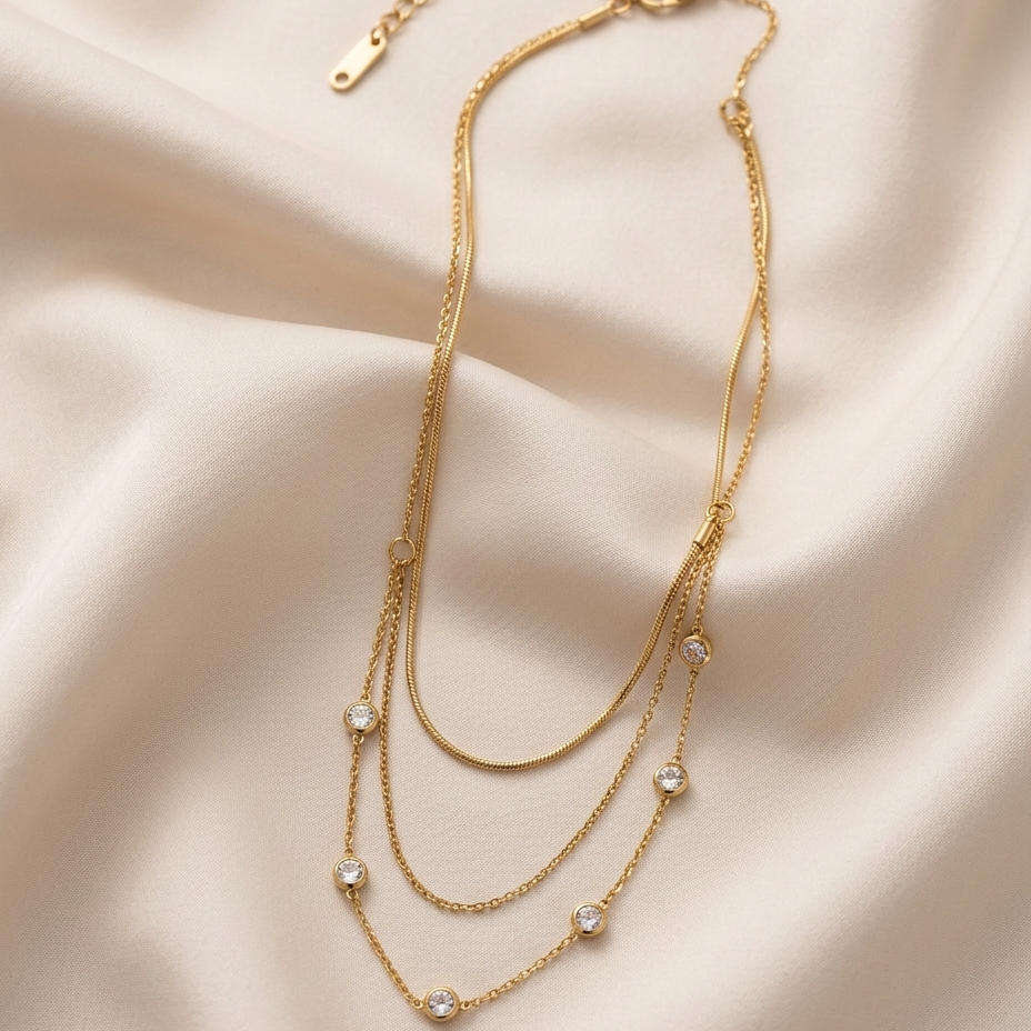 Triple Layer Solitaire Crystal Gold Plated Necklace