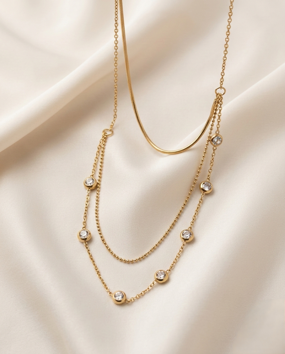 Triple Layer Solitaire Crystal Gold Plated Necklace