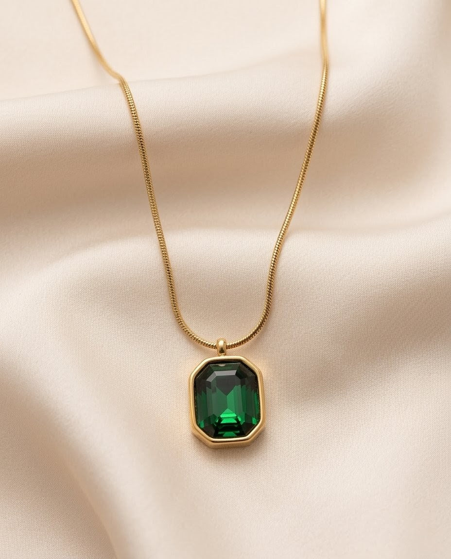 Emerald Radiant Solitaire Gold Plated Necklace