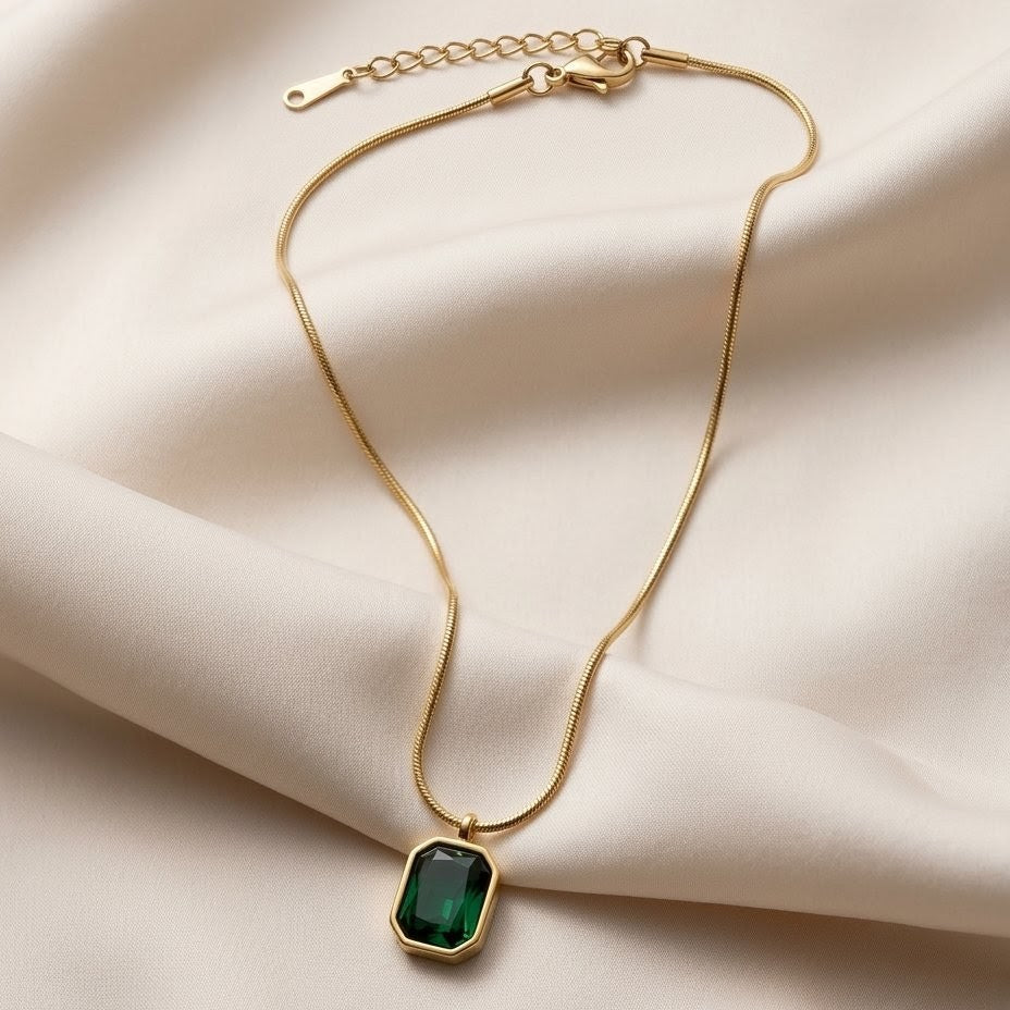 Emerald Radiant Solitaire Gold Plated Necklace