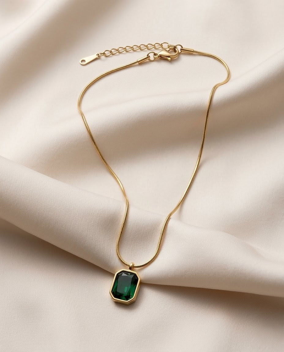 Emerald Radiant Solitaire Gold Plated Necklace