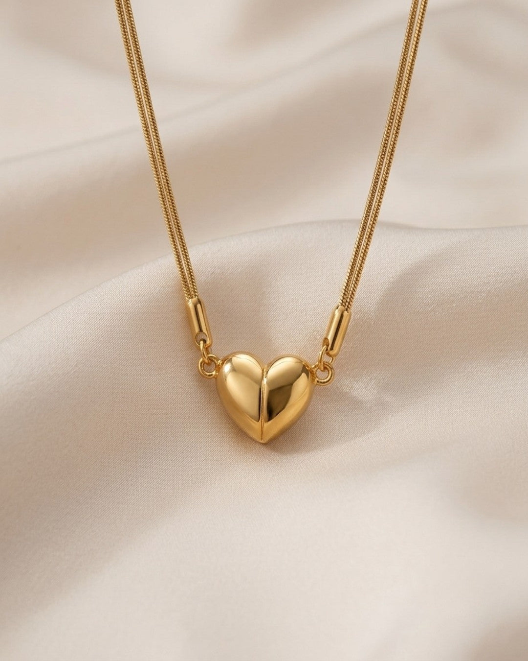 Puffy Heart Dual Chain Gold Plated Necklace