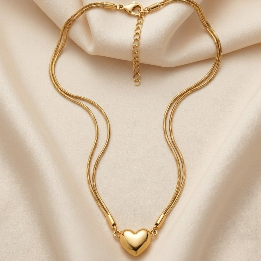 Puffy Heart Dual Chain Gold Plated Necklace