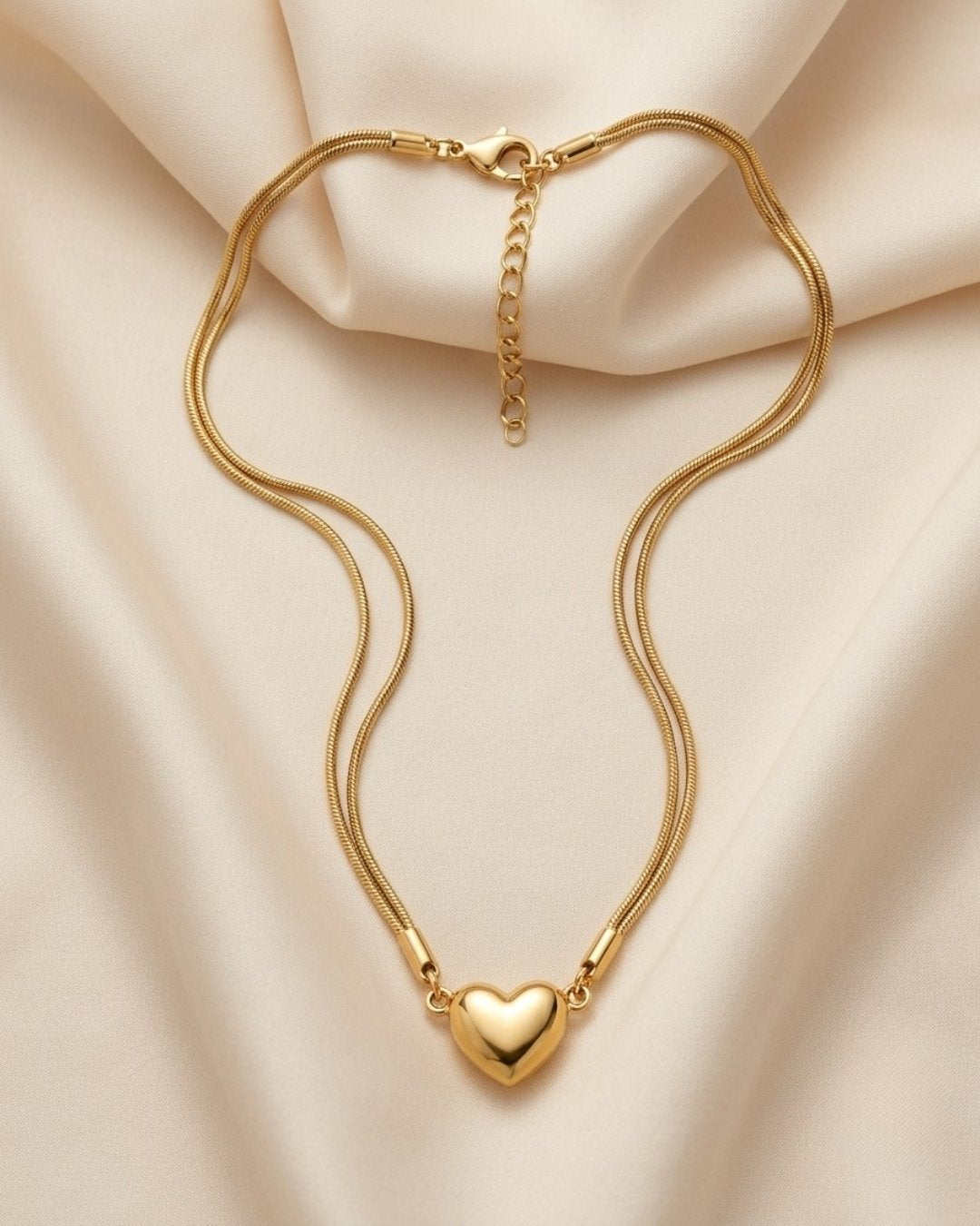 Puffy Heart Dual Chain Gold Plated Necklace
